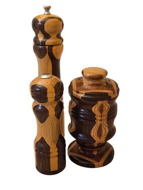 Vintage Handcrafted Wood Pepper Mill  Salt Cellar Set  Inlaid Multi Tone Wood MC